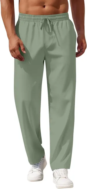 Mens Pants Casual Summer Lightweight Elastic Waist Linen Pants Baggy Business Work Pants with Pockets Trousers Pants