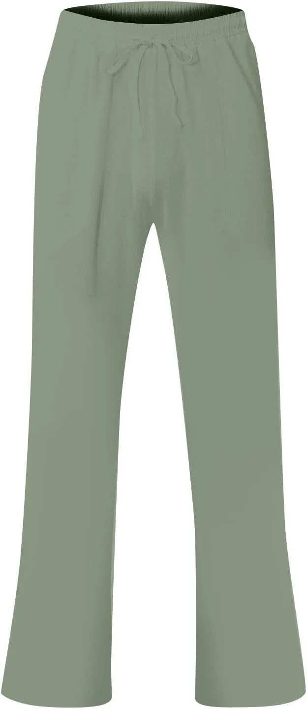 Mens Pants Casual Summer Lightweight Elastic Waist Linen Pants Baggy Business Work Pants with Pockets Trousers Pants