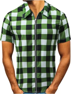 Mens Plaid Shirt Short Sleeve Summer Full Zip Up V Neck Beach Shirts Classic Slim Fit Cardigan Casual Trendy T Shirt