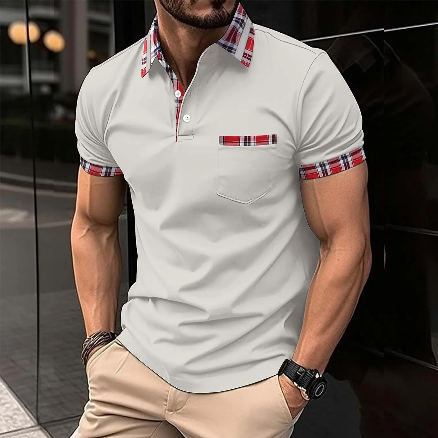 Men's Quarter Button Polo Shirts Casual Knit Short Sleeve Ribbed Polo T Shirt Classic Fit Golf Shirts Activewear Tops