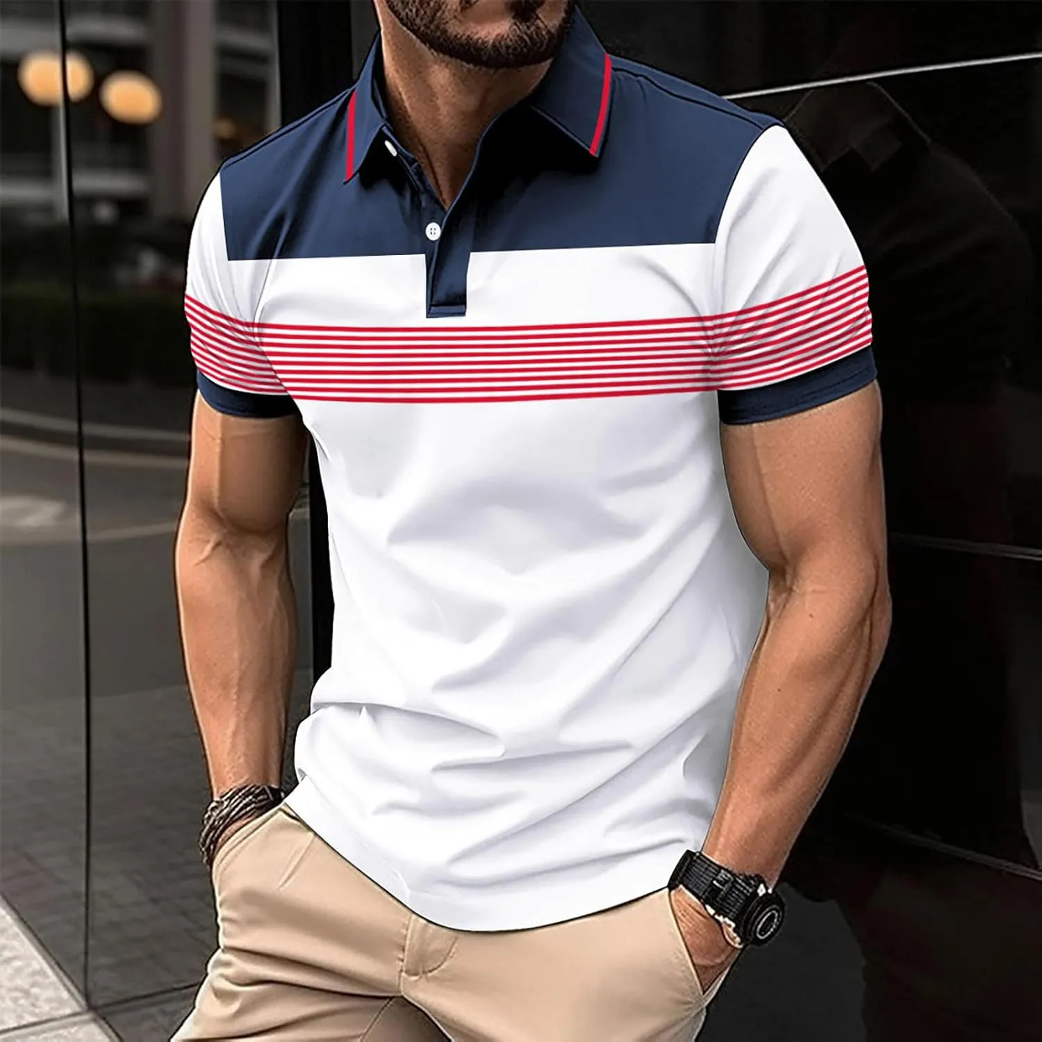 Men's Shirts Casual Stylish Button Down Short Sleeve Polo Shirts Patchwork Summer Shirts Loose Athletic Pullover Tees