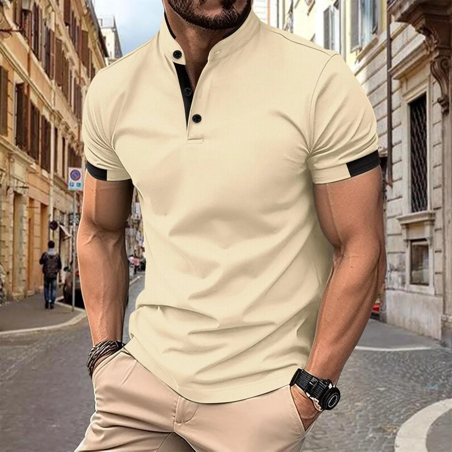 Mens Short Sleeve Polo Shirt Summer Casual Band Collar Tops Henley Shirts 2024 Fashion Classic Collarless Golf Shirts
