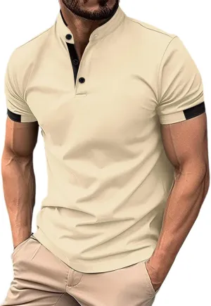 Mens Short Sleeve Polo Shirt Summer Casual Band Collar Tops Henley Shirts 2024 Fashion Classic Collarless Golf Shirts