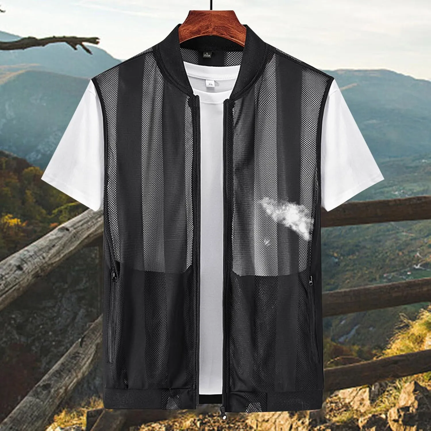 Men's Summer Casual Lightweight Breathable Mesh Cycling Travel Zip Open Front Vest Loose Sleeveless Cut Out Shirt Top
