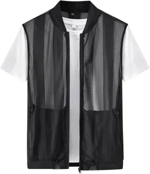 Men's Summer Casual Lightweight Breathable Mesh Cycling Travel Zip Open Front Vest Loose Sleeveless Cut Out Shirt Top