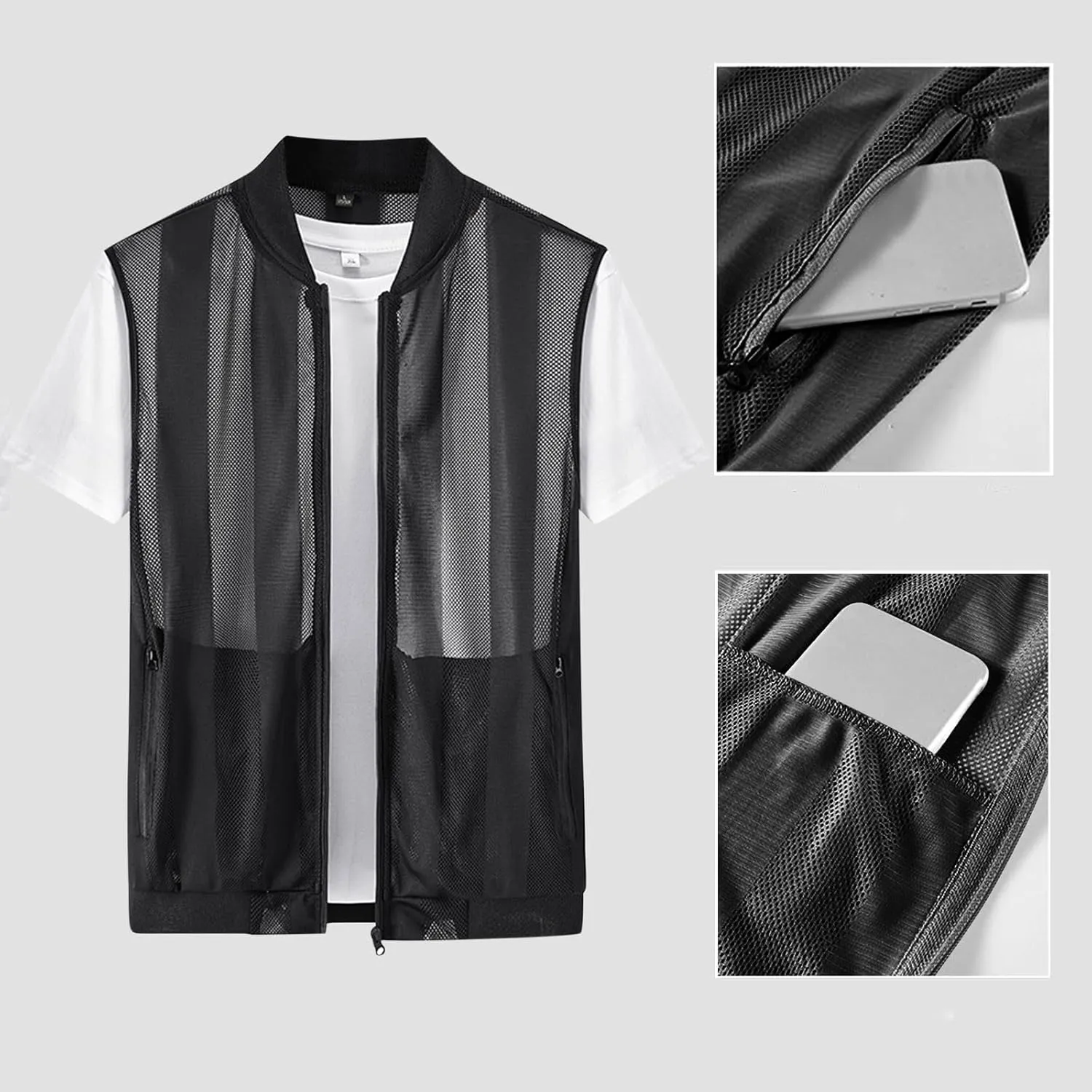 Men's Summer Casual Lightweight Breathable Mesh Cycling Travel Zip Open Front Vest Loose Sleeveless Cut Out Shirt Top