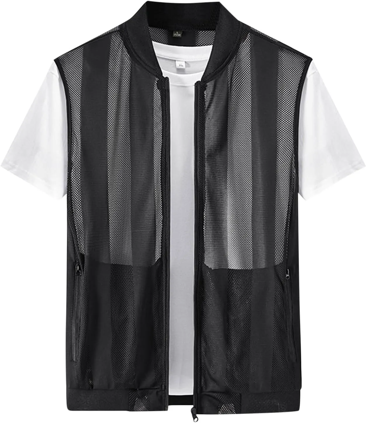 Men's Summer Casual Lightweight Breathable Mesh Cycling Travel Zip Open Front Vest Loose Sleeveless Cut Out Shirt Top