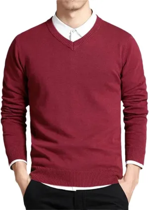 Men's V-Neck Cotton Sweater Solid Long Sleeve Pullovers Outwear Loose Fit Knitting Jumpers Tops