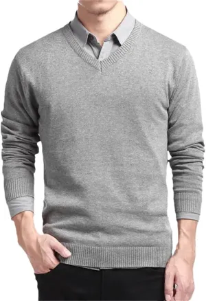 Men's V-Neck Cotton Sweater Solid Long Sleeve Pullovers Outwear Loose Fit Knitting Jumpers Tops
