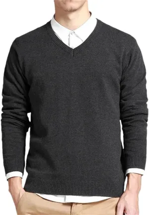Men's V-Neck Cotton Sweater Solid Long Sleeve Pullovers Outwear Loose Fit Knitting Jumpers Tops