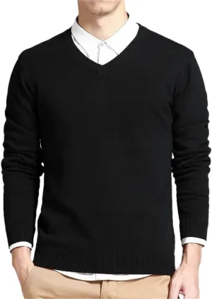 Men's V-Neck Cotton Sweater Solid Long Sleeve Pullovers Outwear Loose Fit Knitting Jumpers Tops