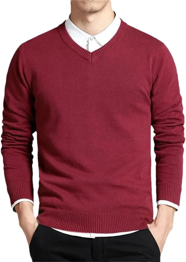 Men's V-Neck Cotton Sweater Solid Long Sleeve Pullovers Outwear Loose Fit Knitting Jumpers Tops