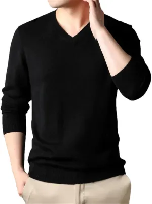 Men's V-Neck Wool Sweater Classic Long Sleeve Solid Slim Fit Knitted Pullover