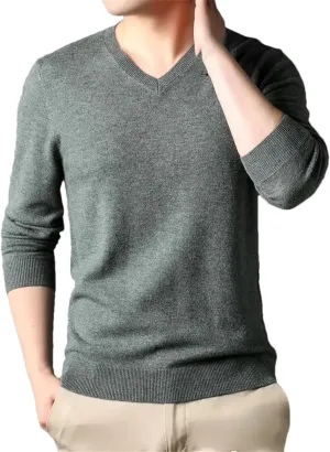 Men's V-Neck Wool Sweater Classic Long Sleeve Solid Slim Fit Knitted Pullover