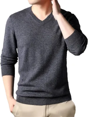 Men's V-Neck Wool Sweater Classic Long Sleeve Solid Slim Fit Knitted Pullover