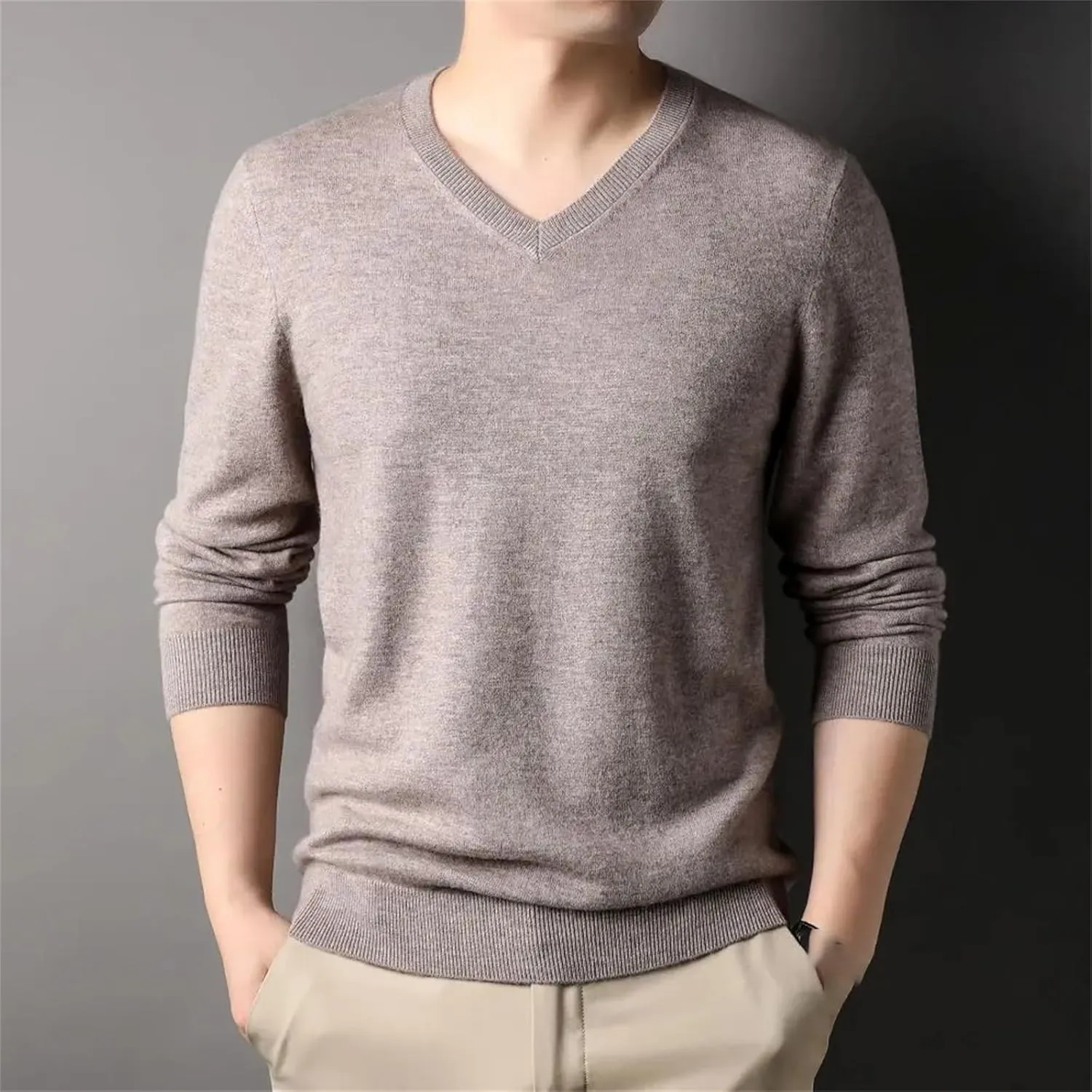 Men's V-Neck Wool Sweater Classic Long Sleeve Solid Slim Fit Knitted Pullover