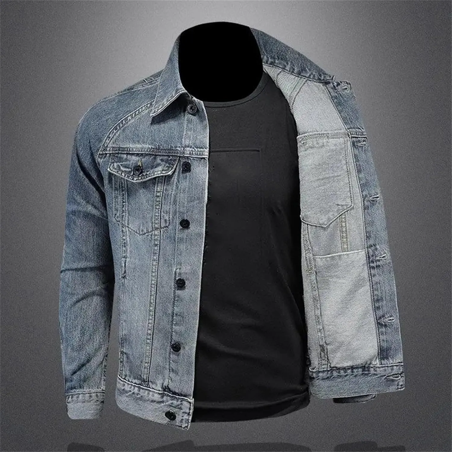 Men's Vintage Denim Jacket Casual Versatile Loose Lapel Jeans Jacket Classic Button Down Motorcycle Coats