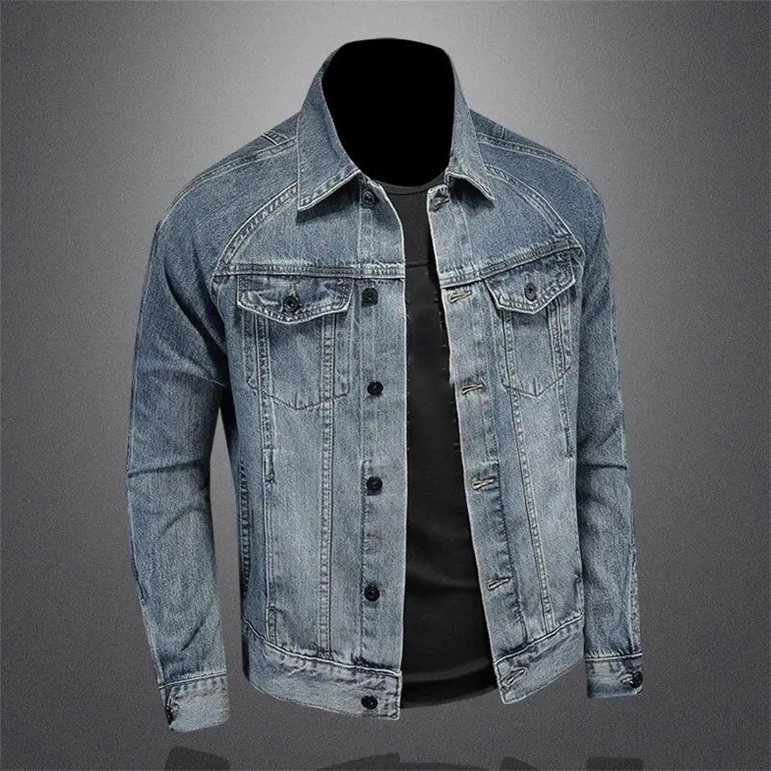 Men's Vintage Denim Jacket Casual Versatile Loose Lapel Jeans Jacket Classic Button Down Motorcycle Coats