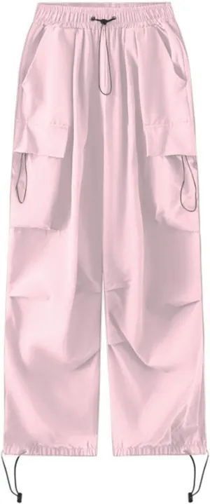 Metallic Shiny Parachute Pants for Women Drawstring Baggy Cargo Pants Jogger Straight Leg Parachute Pants Y2k Pants