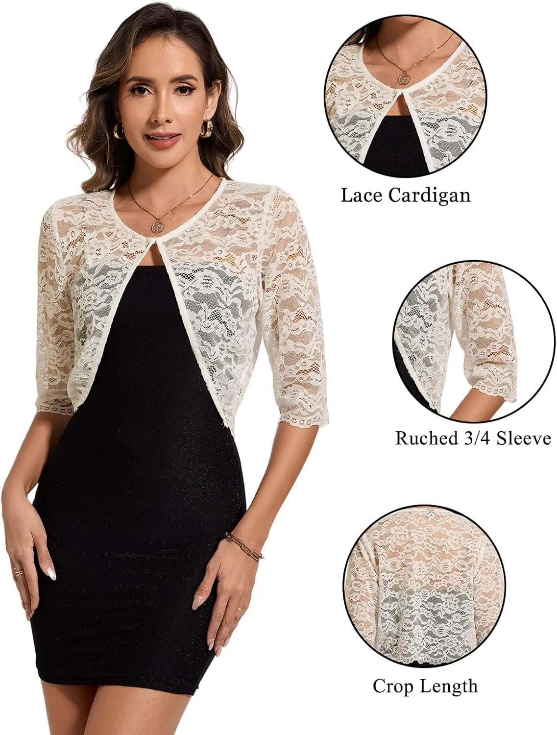MINTLIMIT Women's Lace Cardigan Open Front Shrug Elegant Floral 3/4 Sleeve Cropped Bolero Tops