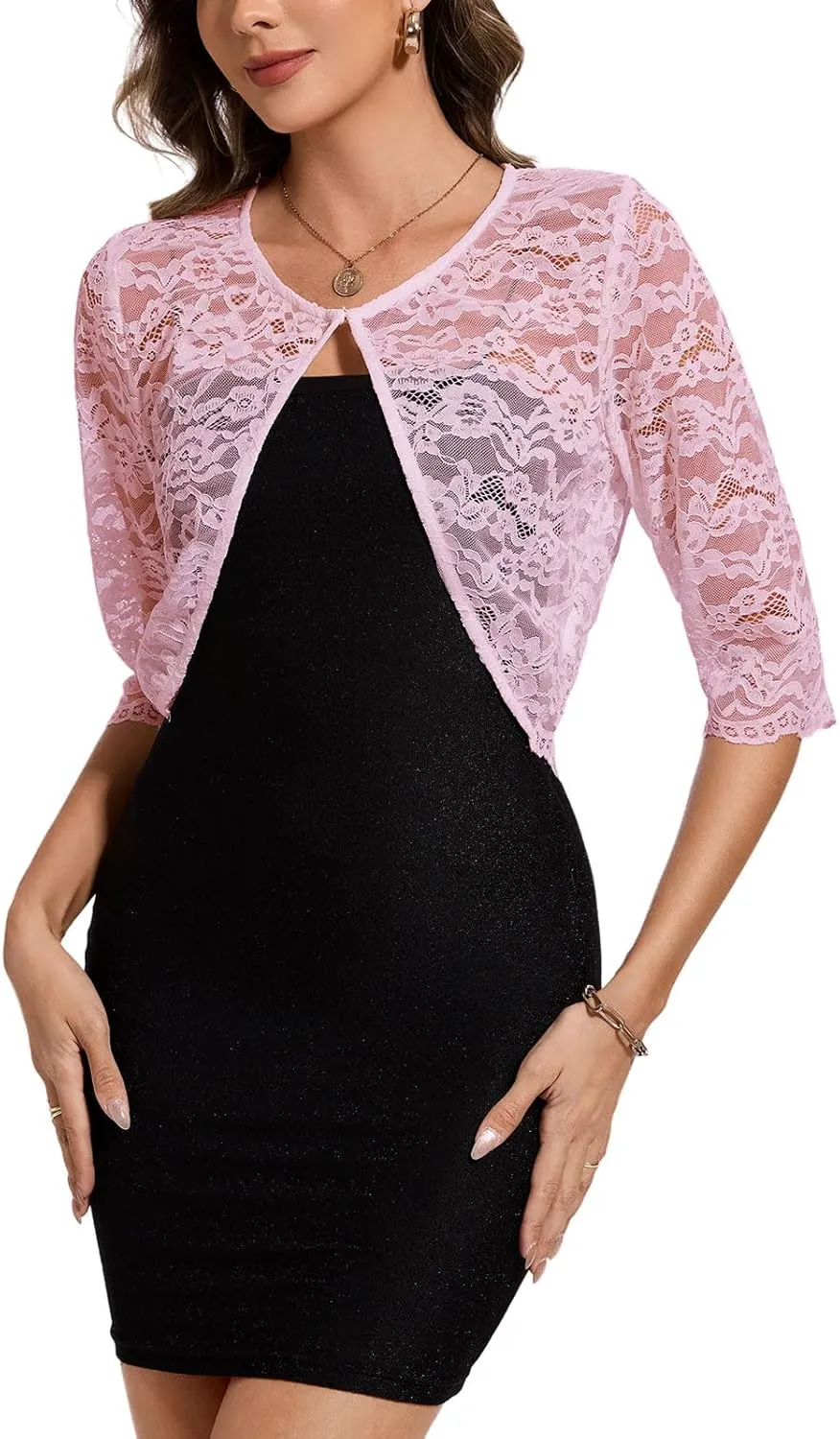 MINTLIMIT Women's Lace Cardigan Open Front Shrug Elegant Floral 3/4 Sleeve Cropped Bolero Tops