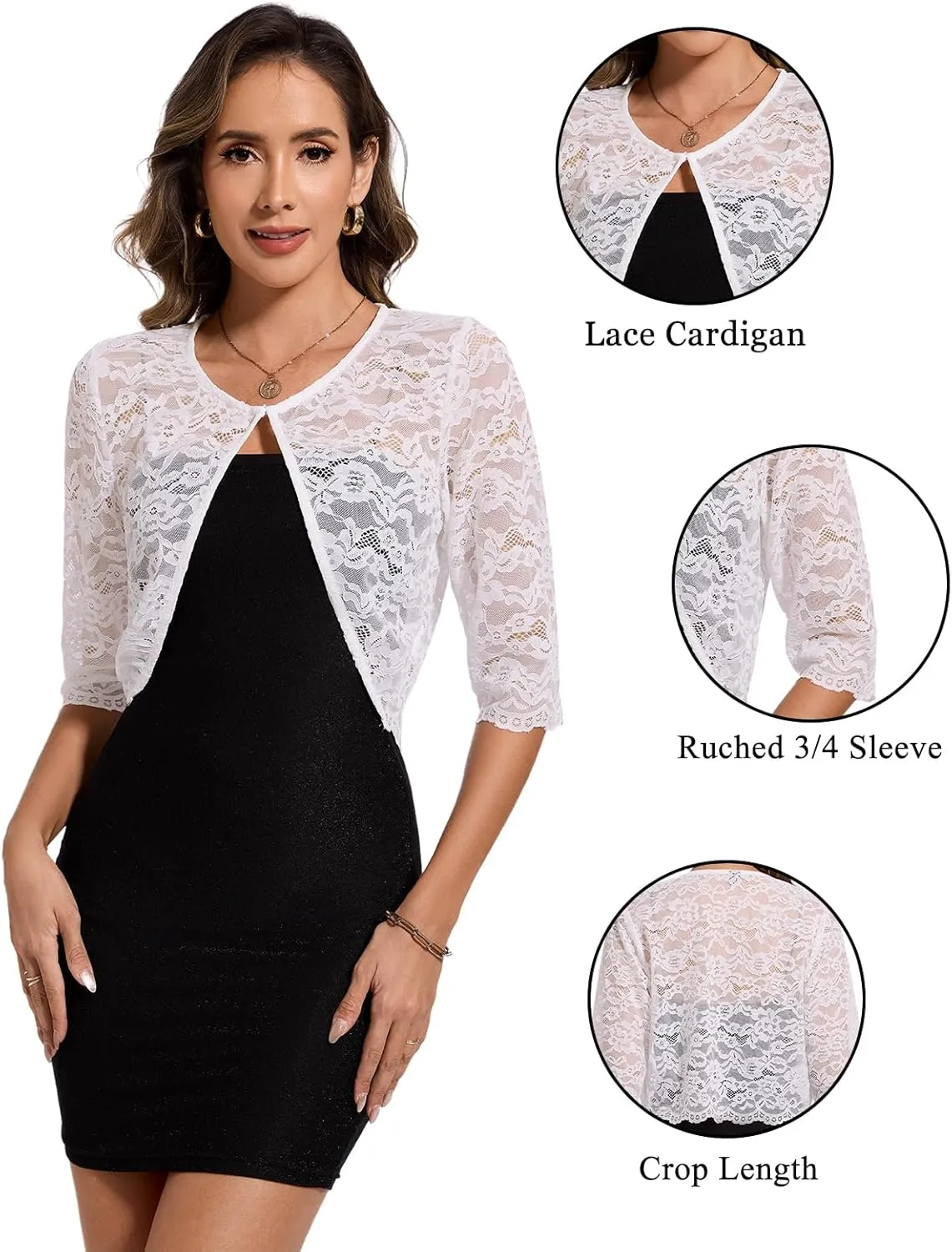 MINTLIMIT Women's Lace Cardigan Open Front Shrug Elegant Floral 3/4 Sleeve Cropped Bolero Tops