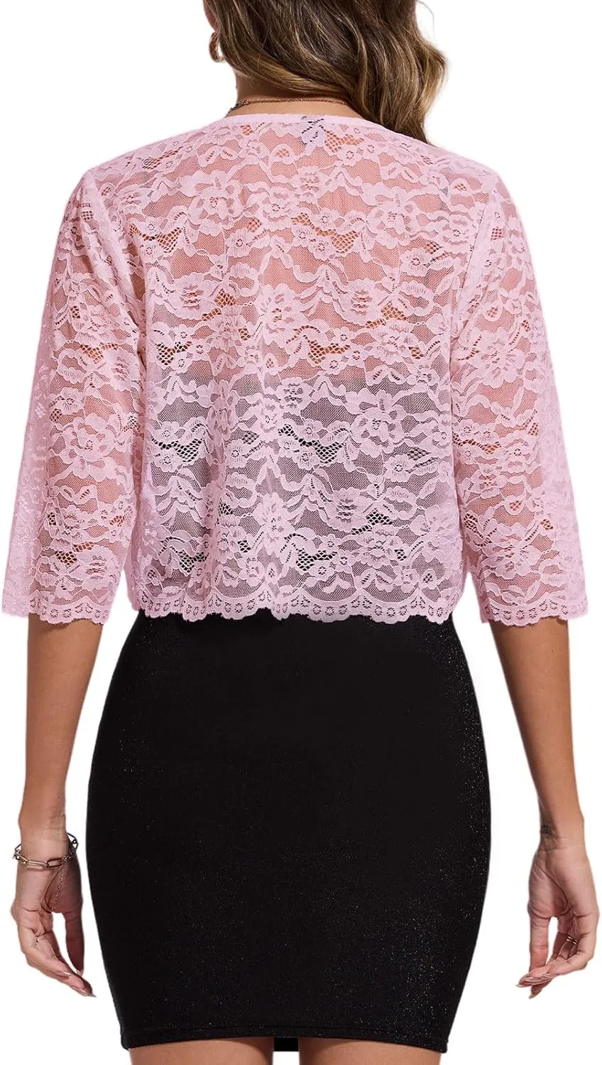 MINTLIMIT Women's Lace Cardigan Open Front Shrug Elegant Floral 3/4 Sleeve Cropped Bolero Tops