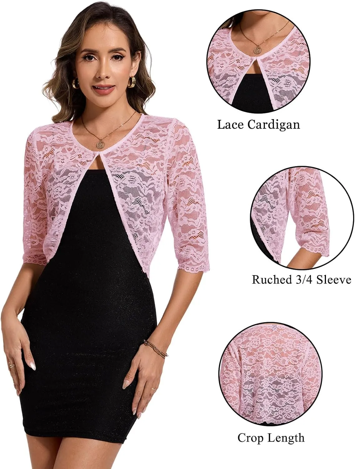 MINTLIMIT Women's Lace Cardigan Open Front Shrug Elegant Floral 3/4 Sleeve Cropped Bolero Tops