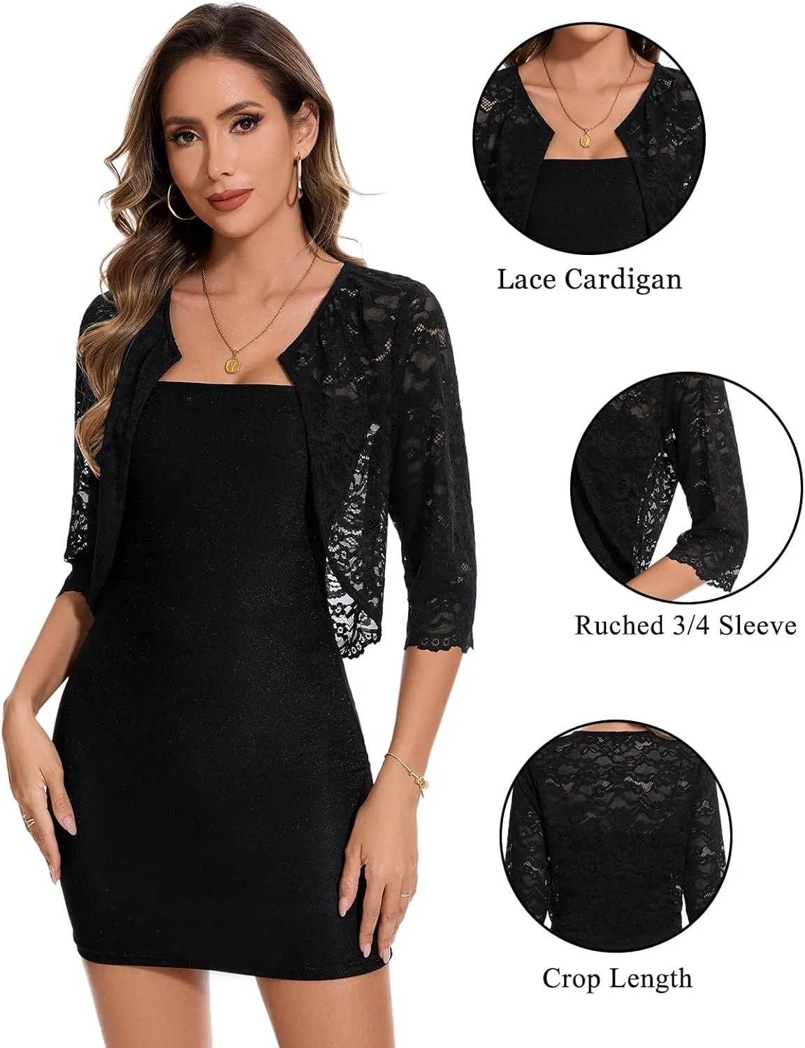 MINTLIMIT Women's Lace Cardigan Open Front Shrug Elegant Floral 3/4 Sleeve Cropped Bolero Tops