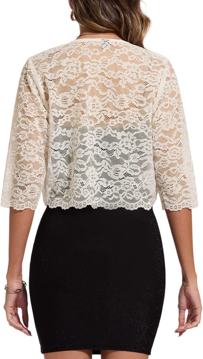 MINTLIMIT Women's Lace Cardigan Open Front Shrug Elegant Floral 3/4 Sleeve Cropped Bolero Tops
