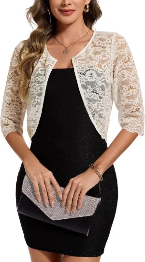 MINTLIMIT Women's Lace Cardigan Open Front Shrug Elegant Floral 3/4 Sleeve Cropped Bolero Tops