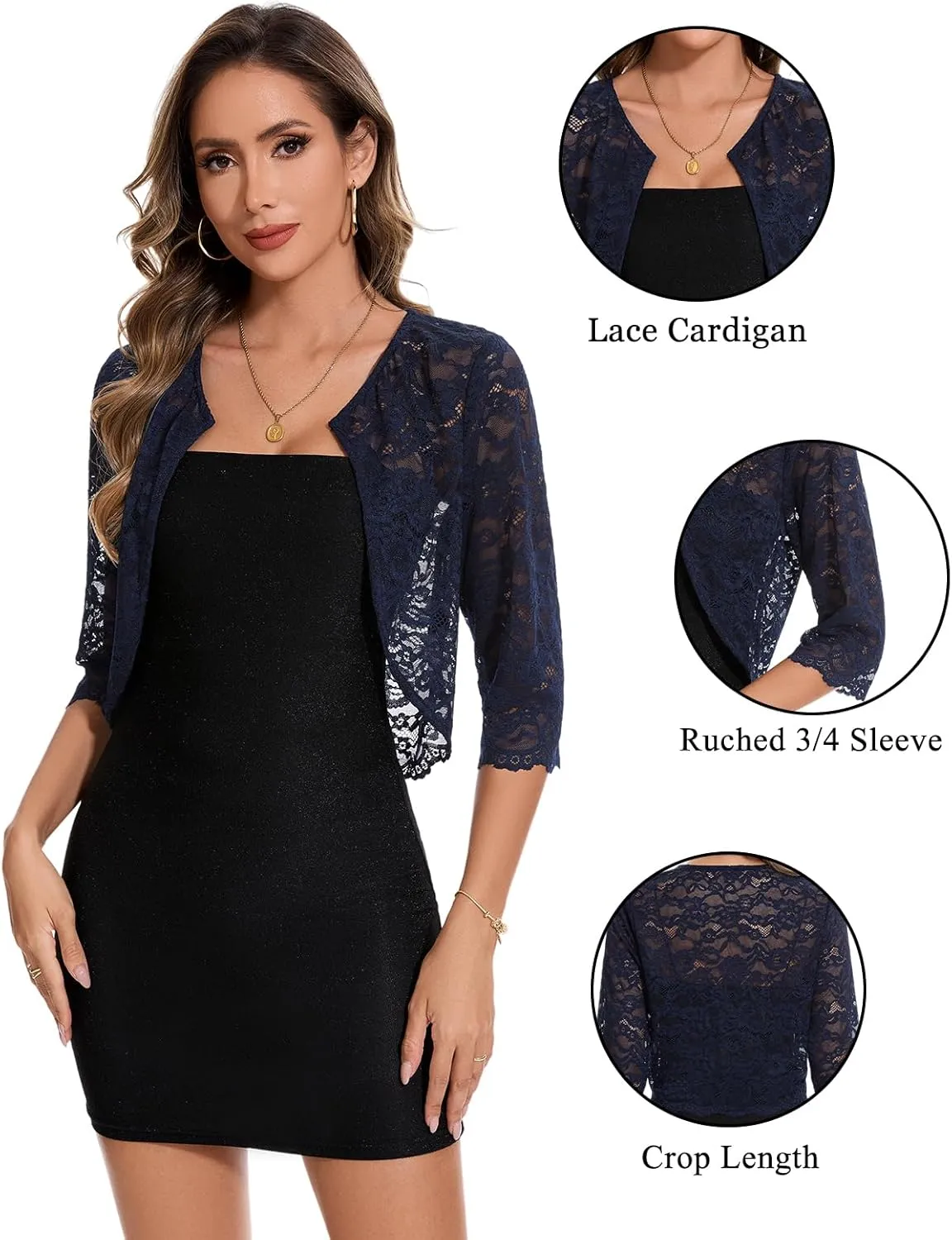 MINTLIMIT Women's Lace Cardigan Open Front Shrug Elegant Floral 3/4 Sleeve Cropped Bolero Tops
