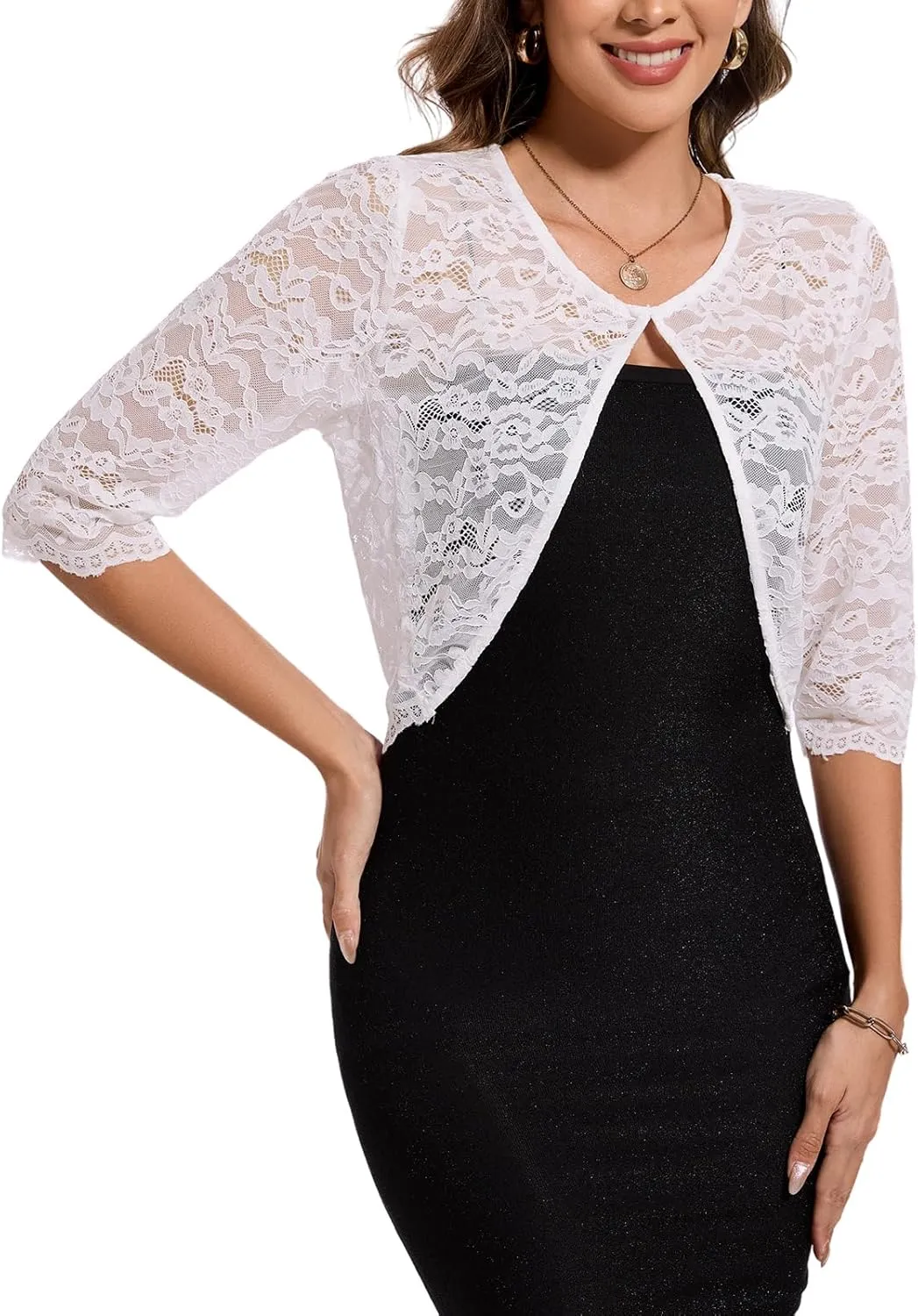 MINTLIMIT Women's Lace Cardigan Open Front Shrug Elegant Floral 3/4 Sleeve Cropped Bolero Tops