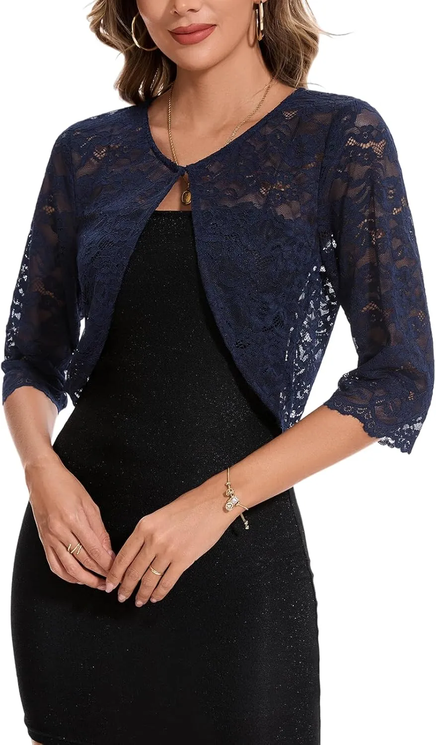MINTLIMIT Women's Lace Cardigan Open Front Shrug Elegant Floral 3/4 Sleeve Cropped Bolero Tops