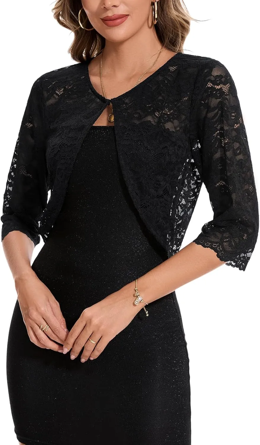 MINTLIMIT Women's Lace Cardigan Open Front Shrug Elegant Floral 3/4 Sleeve Cropped Bolero Tops