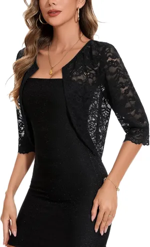 MINTLIMIT Women's Lace Cardigan Open Front Shrug Elegant Floral 3/4 Sleeve Cropped Bolero Tops