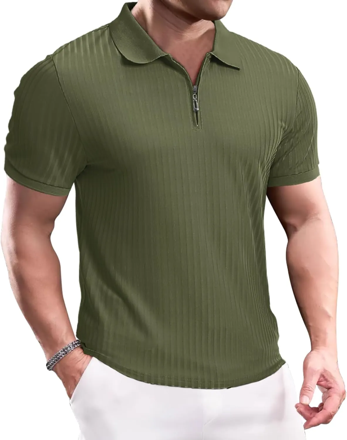 Muscle Polo Shirts for Men Slim Fit Textured Knit Polo Shirts Short Sleeve Mens Collared Shirts Casual Stylish