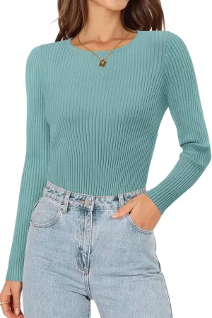 ONLYSHE Women's Casual Crewneck T Shirts Ribbed Knit Sweater Slim Fit Solid Basic Ladies Pullovers Fall Long Sleeve Tops