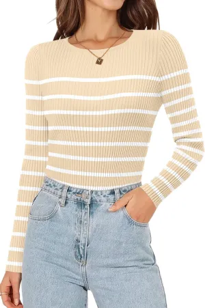 ONLYSHE Women's Casual Crewneck T Shirts Ribbed Knit Sweater Slim Fit Solid Basic Ladies Pullovers Fall Long Sleeve Tops