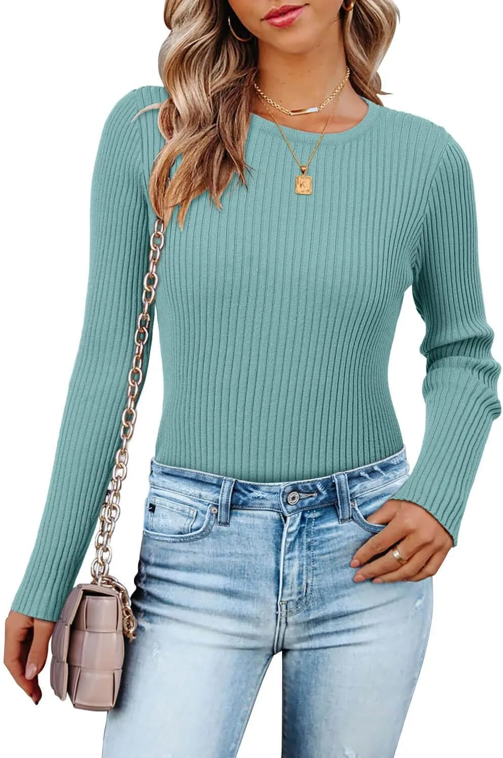 ONLYSHE Women's Casual Crewneck T Shirts Ribbed Knit Sweater Slim Fit Solid Basic Ladies Pullovers Fall Long Sleeve Tops