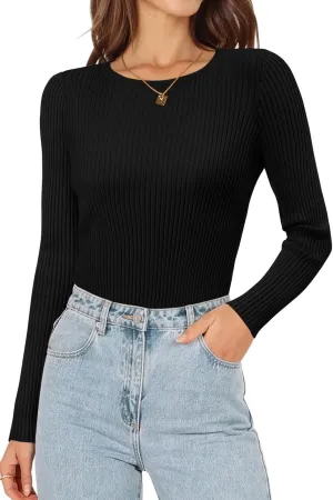 ONLYSHE Women's Casual Crewneck T Shirts Ribbed Knit Sweater Slim Fit Solid Basic Ladies Pullovers Fall Long Sleeve Tops