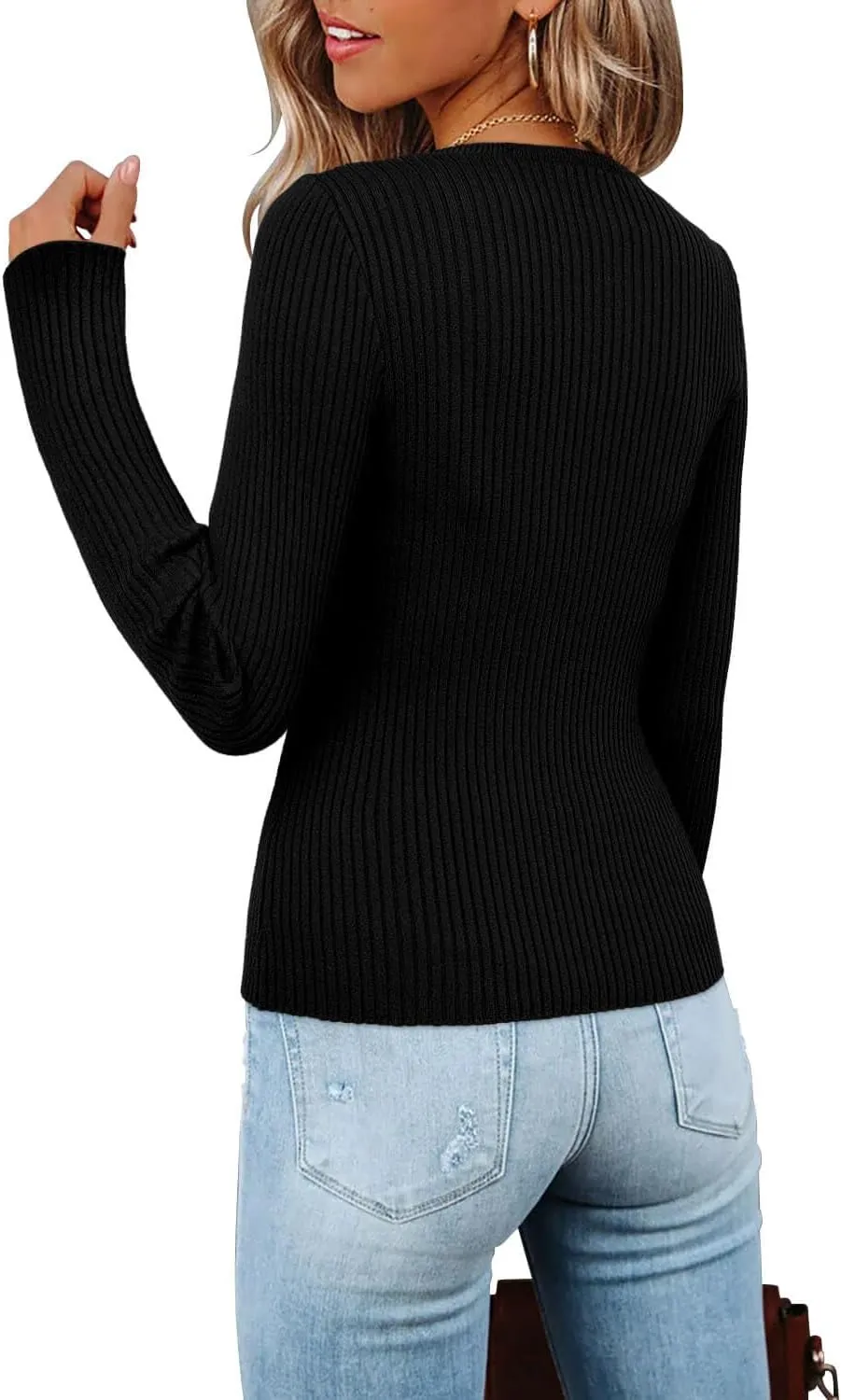 ONLYSHE Women's Casual Crewneck T Shirts Ribbed Knit Sweater Slim Fit Solid Basic Ladies Pullovers Fall Long Sleeve Tops