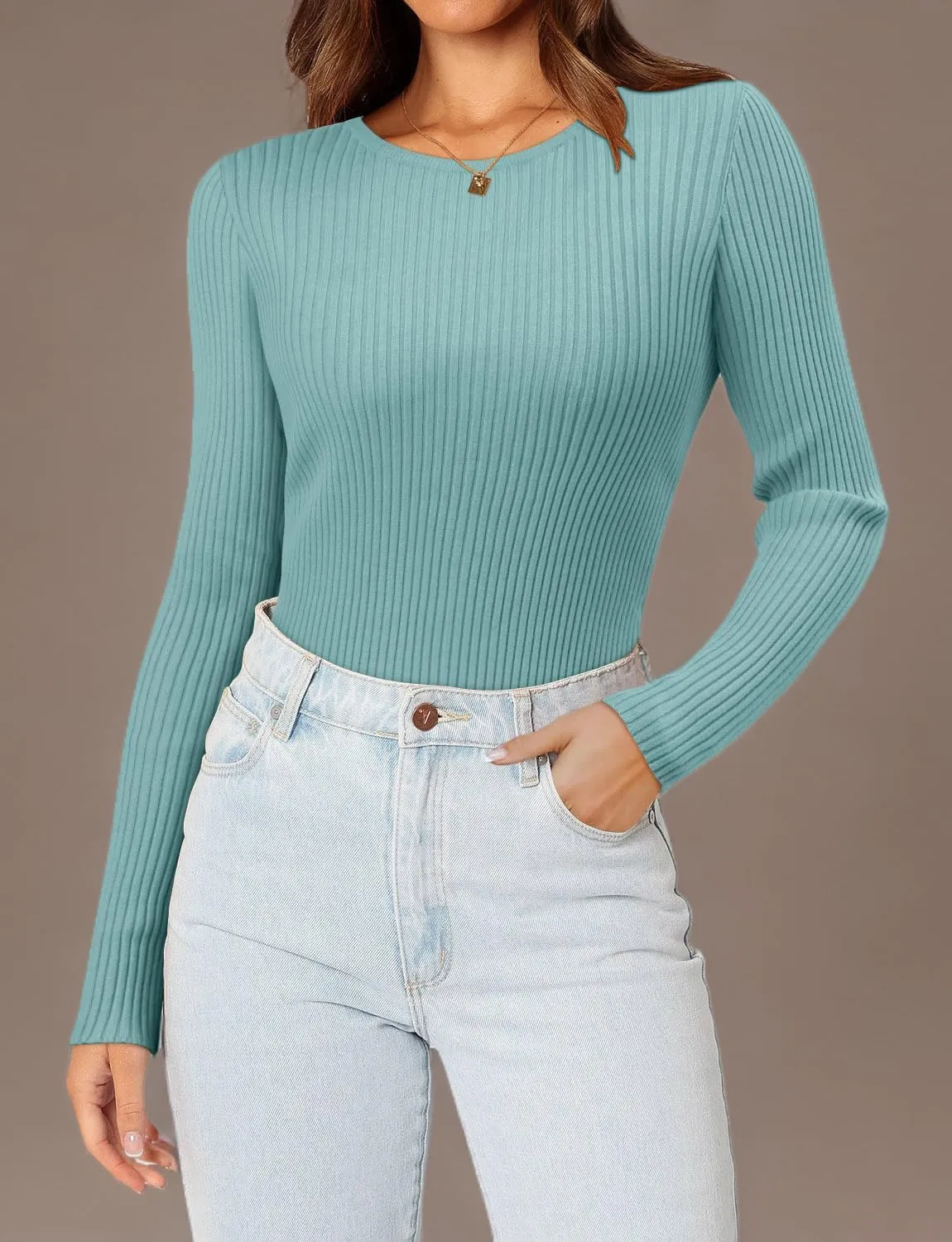 ONLYSHE Women's Casual Crewneck T Shirts Ribbed Knit Sweater Slim Fit Solid Basic Ladies Pullovers Fall Long Sleeve Tops