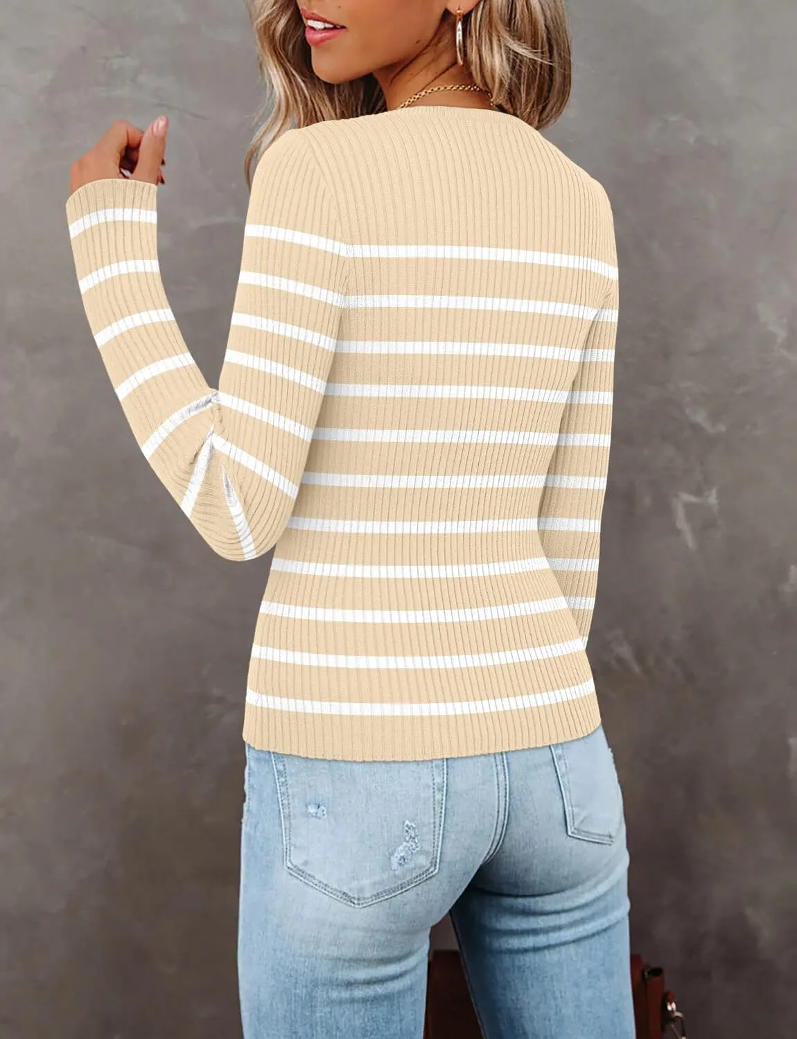 ONLYSHE Women's Casual Crewneck T Shirts Ribbed Knit Sweater Slim Fit Solid Basic Ladies Pullovers Fall Long Sleeve Tops