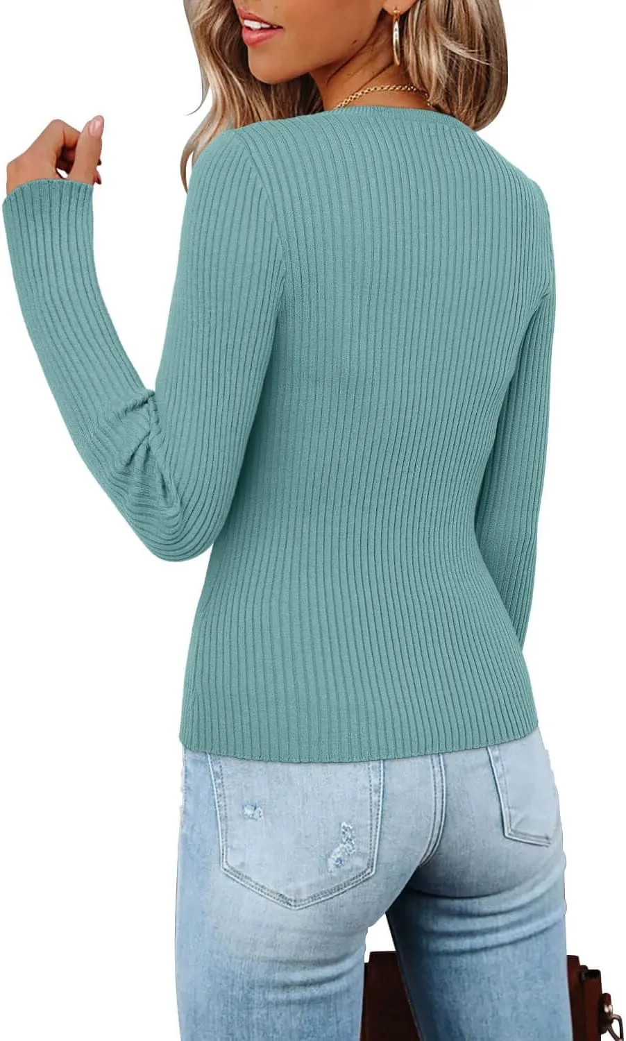 ONLYSHE Women's Casual Crewneck T Shirts Ribbed Knit Sweater Slim Fit Solid Basic Ladies Pullovers Fall Long Sleeve Tops