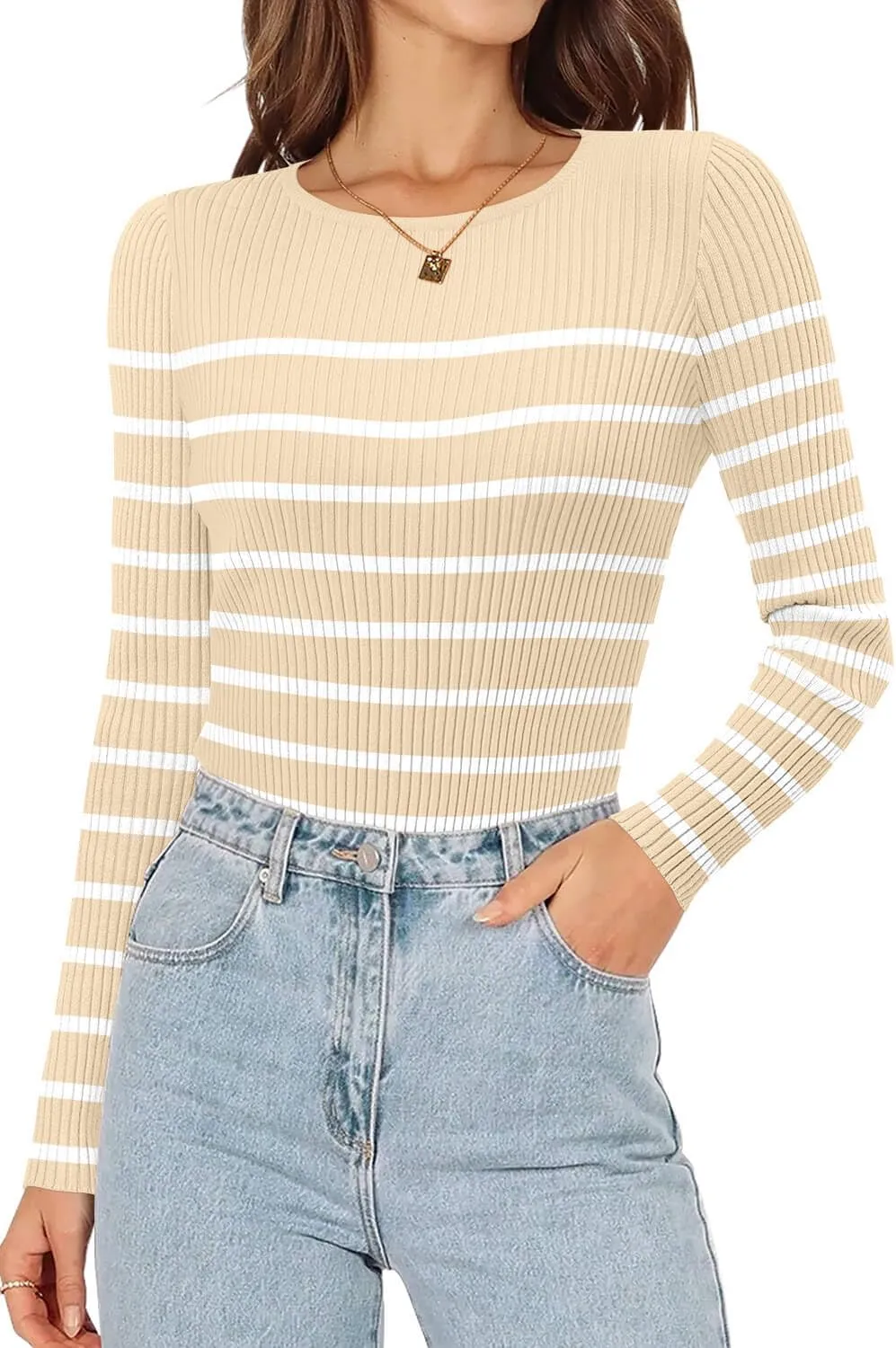 ONLYSHE Women's Casual Crewneck T Shirts Ribbed Knit Sweater Slim Fit Solid Basic Ladies Pullovers Fall Long Sleeve Tops