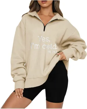 Oversized Sweatshirt For Women Trendy Half Zip Letter Pattern Pullover Long Sleeve Autumn Sweatshirt