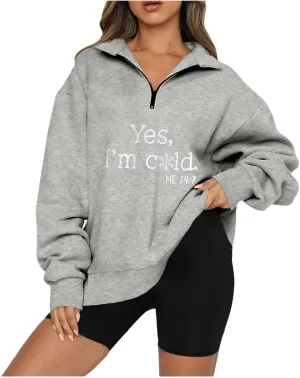 Oversized Sweatshirt For Women Trendy Half Zip Letter Pattern Pullover Long Sleeve Autumn Sweatshirt