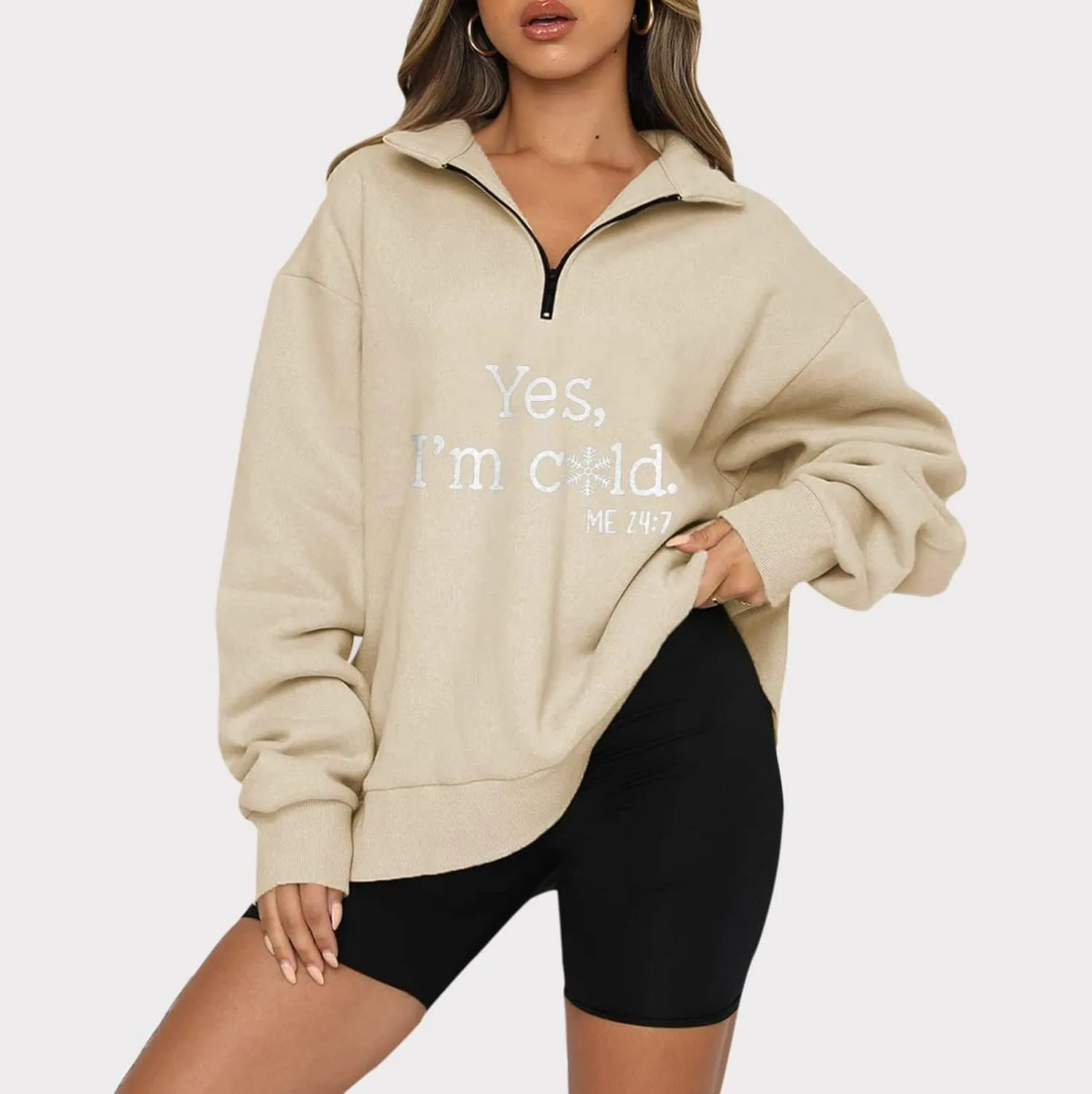 Oversized Sweatshirt For Women Trendy Half Zip Letter Pattern Pullover Long Sleeve Autumn Sweatshirt