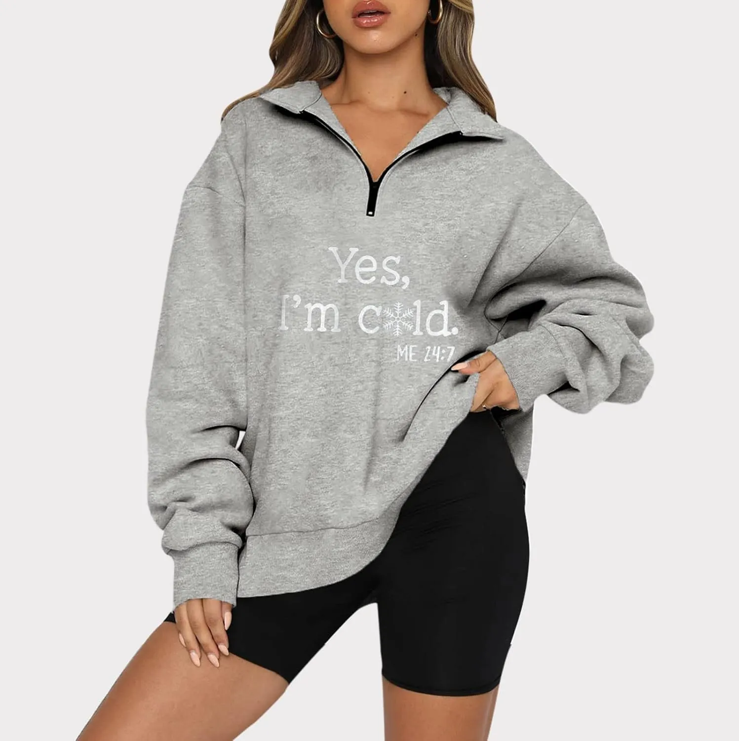 Oversized Sweatshirt For Women Trendy Half Zip Letter Pattern Pullover Long Sleeve Autumn Sweatshirt